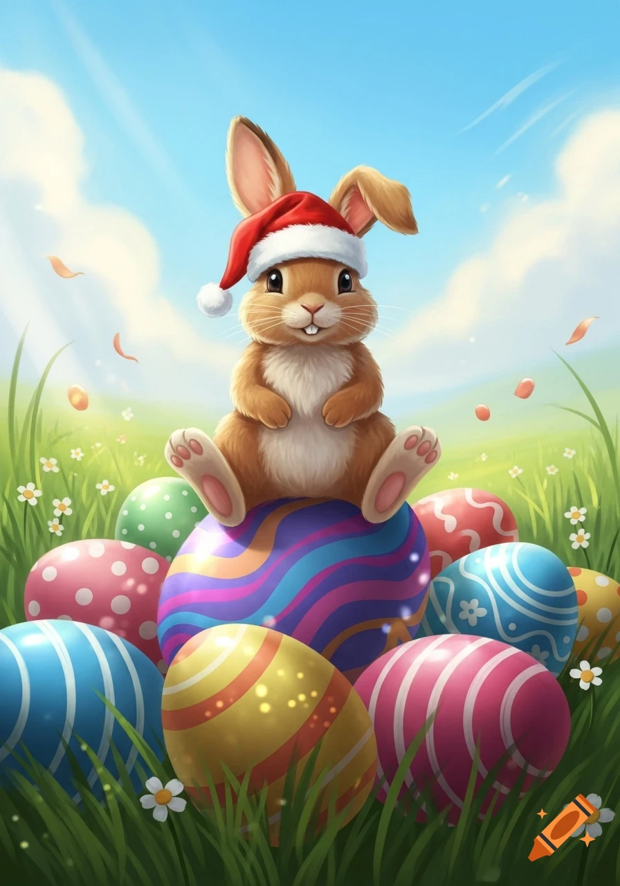 A cute bunny wearing a Santa hat sits on a pile of colorful Easter eggs in a sunny grassy field with flowers.
