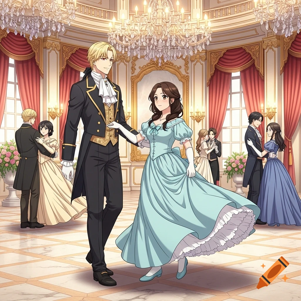 A blonde man and a brunette woman in pale blue Victorian attire dance in a grand ballroom, anime style.