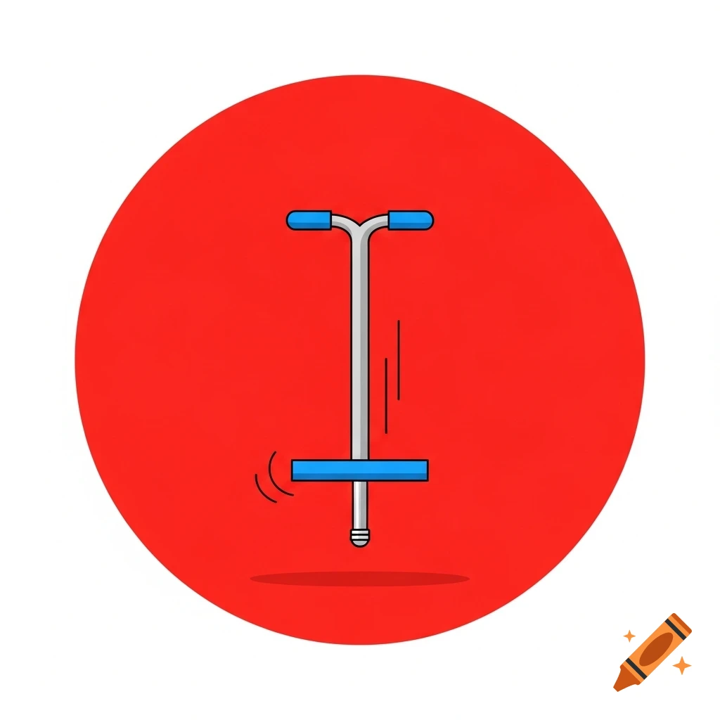 A flat illustration of a gray and blue pogo stick with motion lines, centered within a solid red circle.