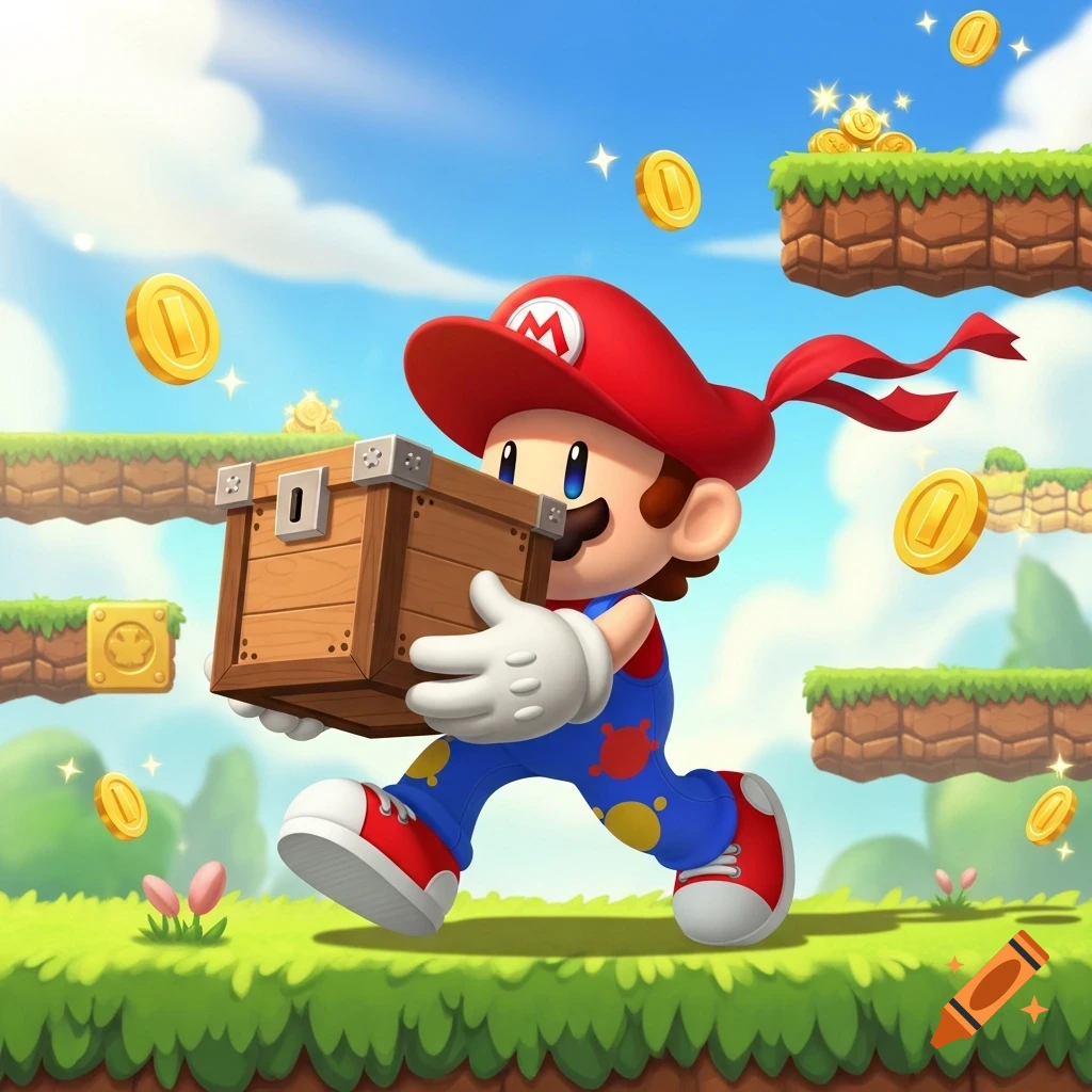 Cartoon Mario running and holding a wooden box, surrounded by coins and platformer game elements under a blue sky.