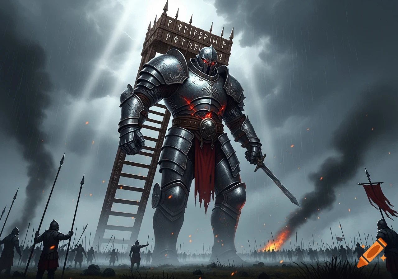 A giant armored knight with glowing red eyes and chest stands on a rainy battlefield, carrying a siege ladder on its back, surrounded by smaller soldiers.