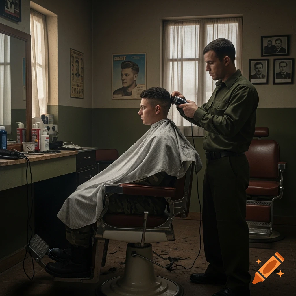 A photorealistic image of a soldier getting a short haircut from a barber in a classic barbershop.