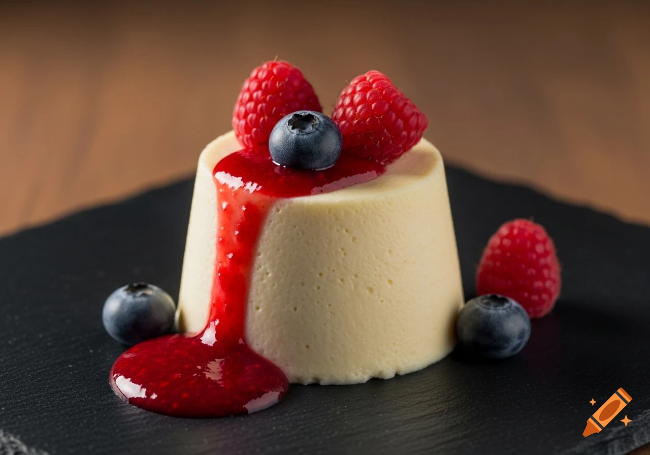 A photorealistic parfait dessert topped with a blueberry and two raspberries, drizzled with red raspberry sauce, on a black slate.