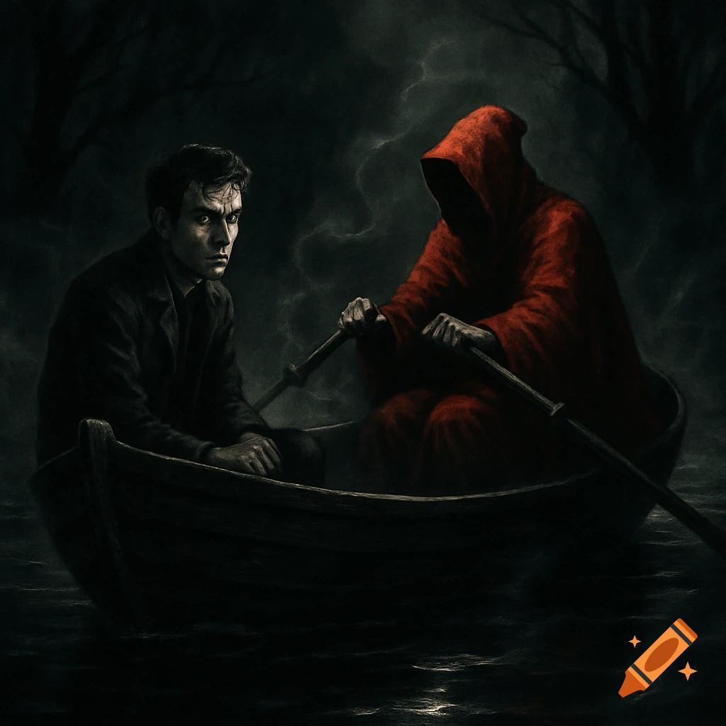 A man and a hooded figure in a red cloak row a small boat on dark water in a foggy, ominous setting.