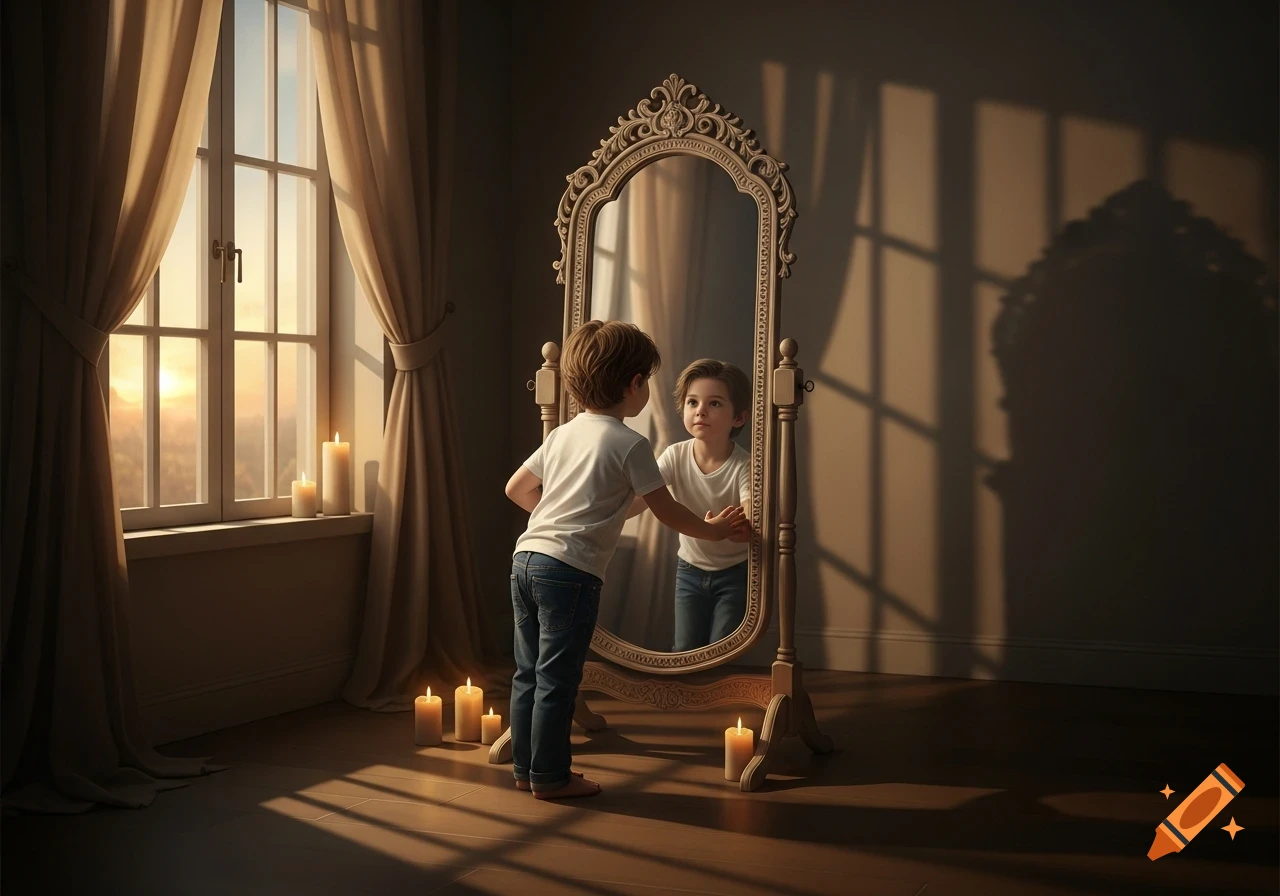 A young boy touching his reflection in an ornate mirror within a sunlit room with candles.