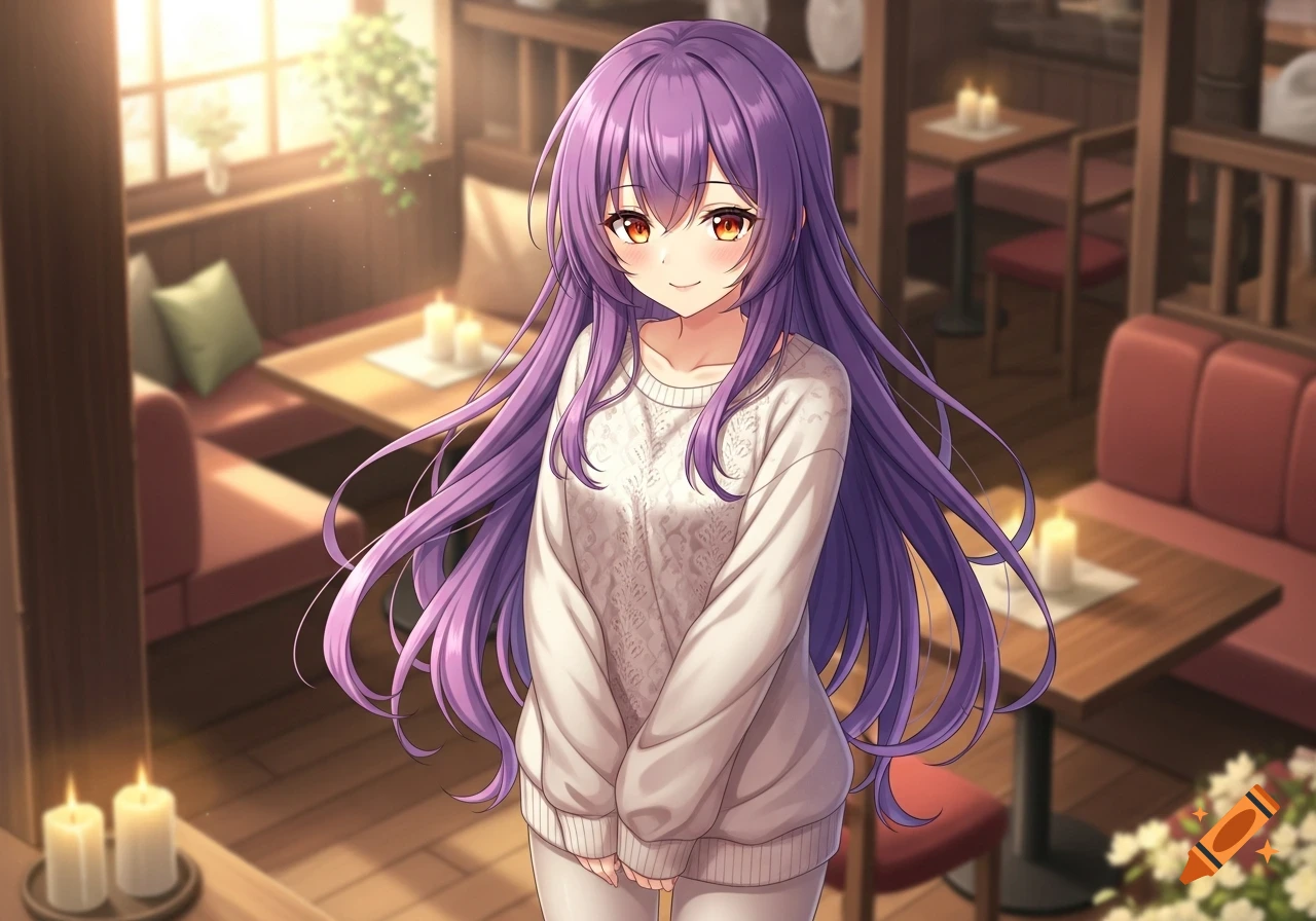 An anime girl with long purple hair and orange eyes wears a white sweater, smiling in a cozy cafe with warm lighting.