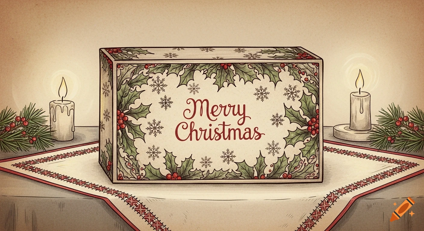 A gift box with 'Merry Christmas' text, decorated with holly and snowflakes, flanked by lit candles, in an old Christmas card illustration style.