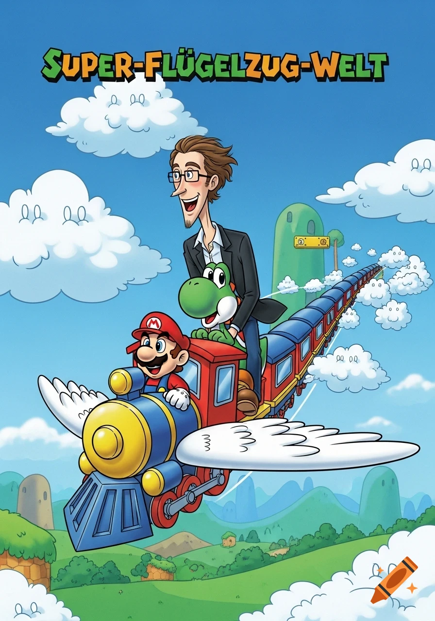 Cartoon: Mario drives a winged train carrying a man on Yoshi over a Super Mario World landscape. Title 'SUPER-FLÜGELZUG-WELT'.