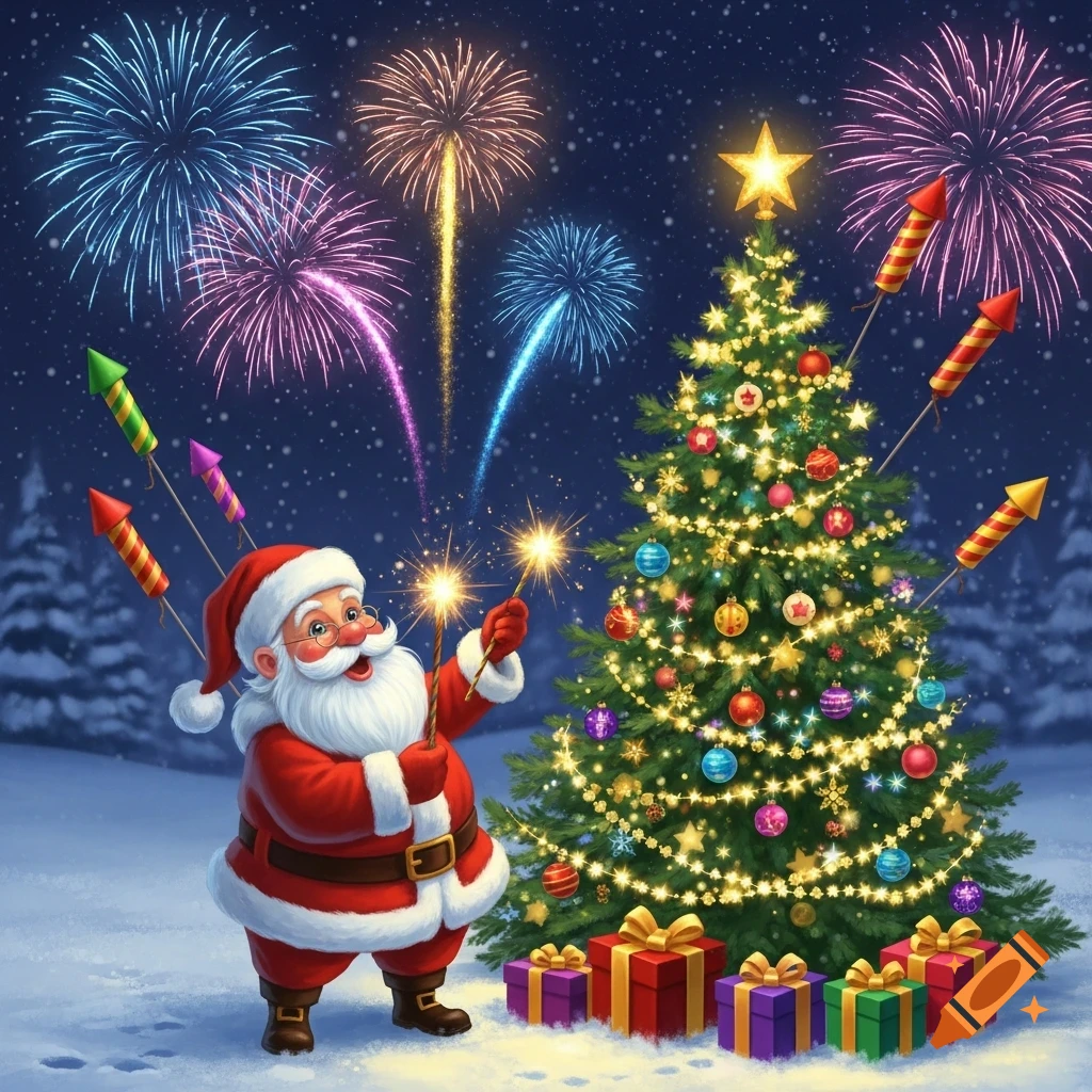 Santa Claus holds sparklers next to a Christmas tree with gifts, as colorful fireworks explode in the night sky.