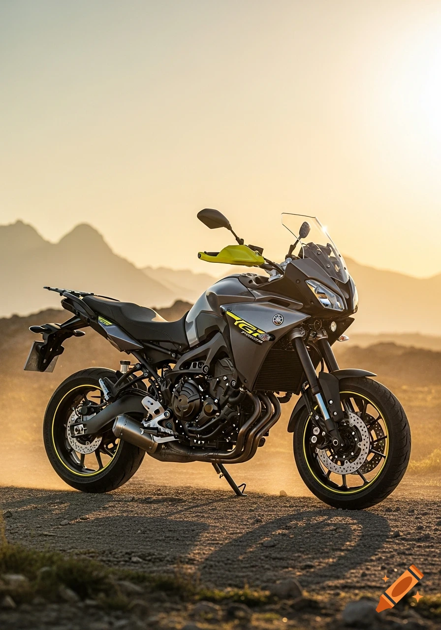 A gray and yellow Yamaha Tracer motorcycle parked on a dirt road, with mountains in the background under a warm, hazy sunset sky.