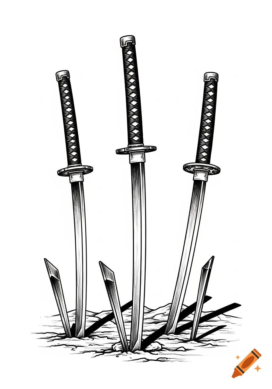 Three samurai swords stuck upright in the cracked ground, rendered in a black and white tattoo sketch style.