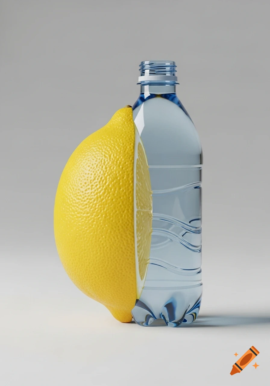 A photorealistic still life of a lemon half seamlessly fused with a clear plastic water bottle, on a plain background.