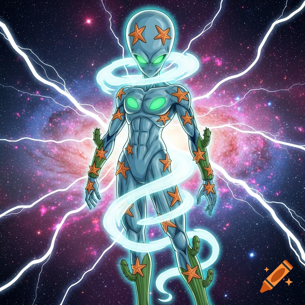 Anime-style grey alien with green glowing eyes and starfish patterns, wearing cactus armor, surrounded by electric energy in a cosmic galaxy.