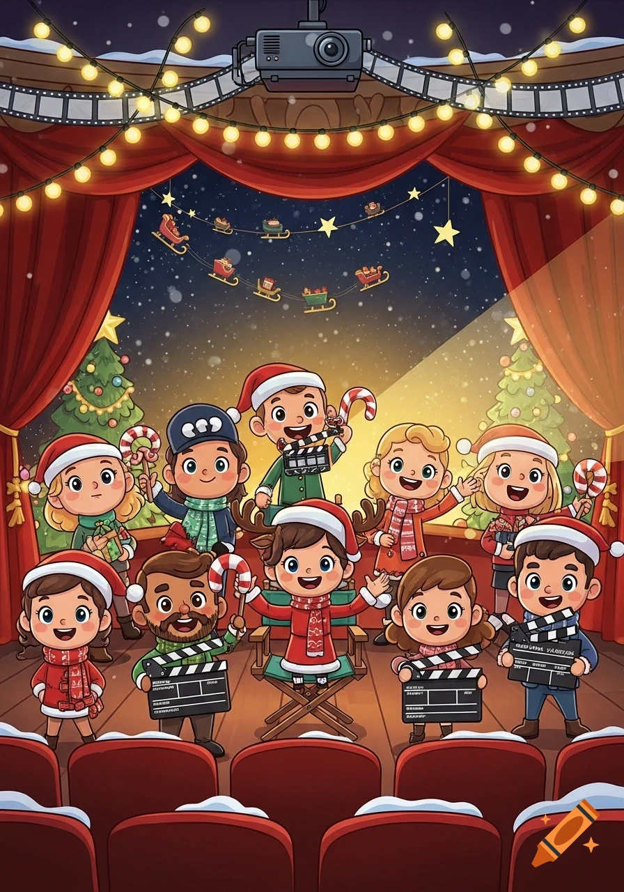 A group of cheerful cartoon children in Santa hats and winter clothes ...