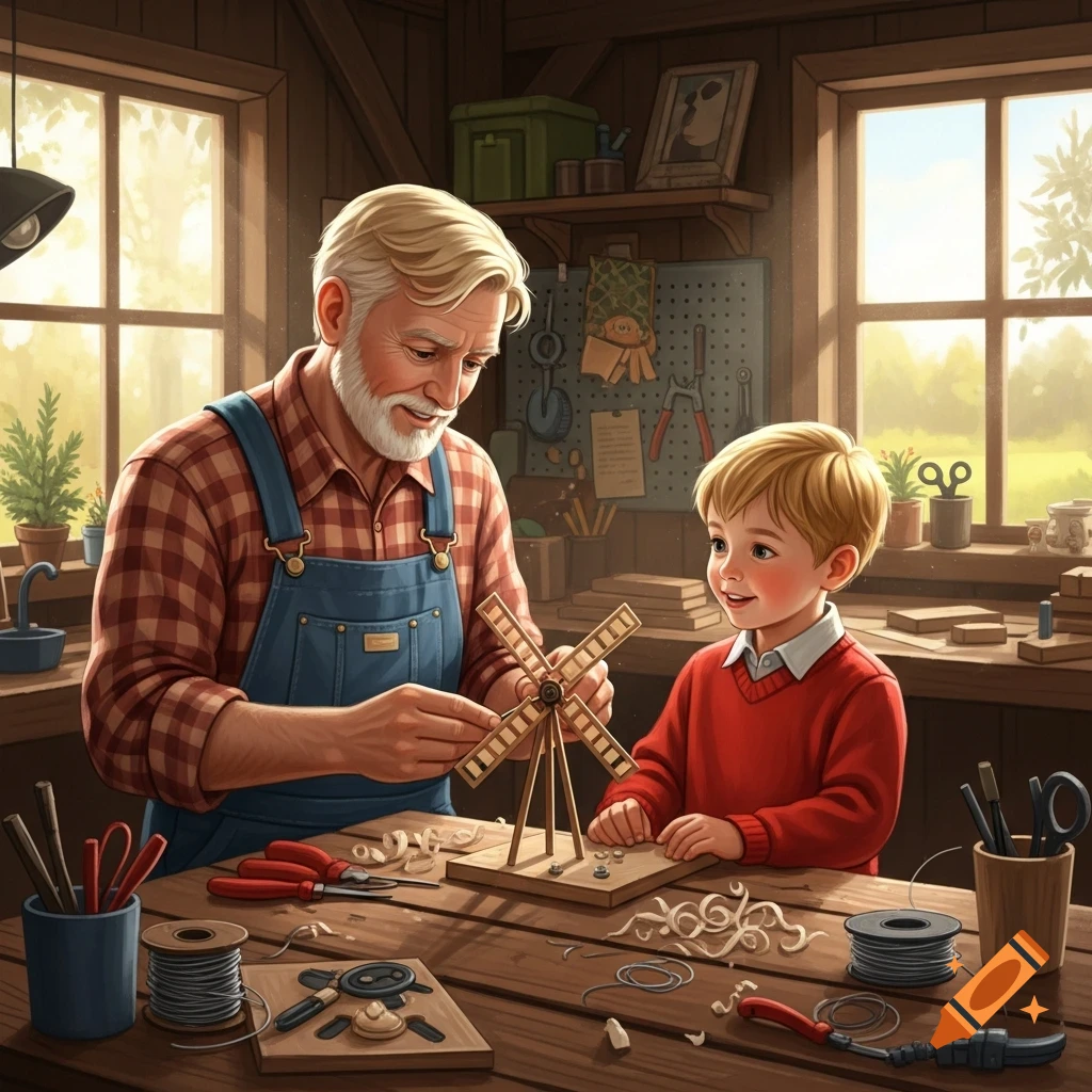 A smiling grandfather and a young boy build a wooden windmill model together in a sunlit rustic workshop.