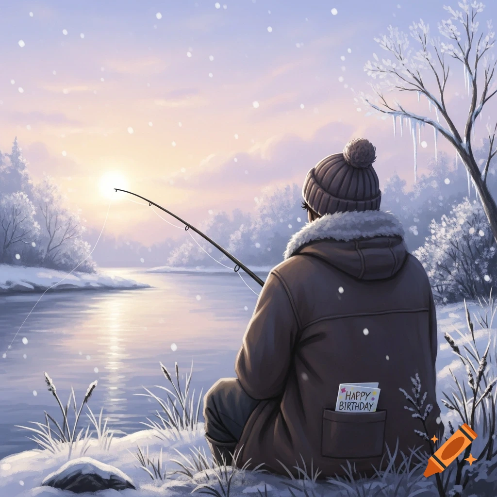 An illustrated view from behind a person in a winter coat and hat, ice fishing in a snowy landscape at sunset. A "Happy Birthday" card is in their back pocket.