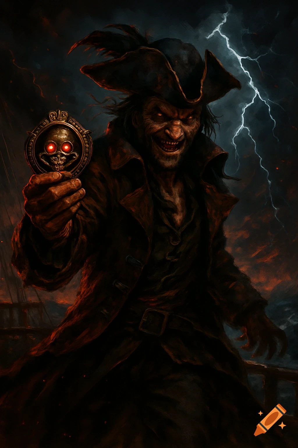A menacing pirate with glowing red eyes holds a skull badge on a stormy ship deck under lightning, digital painting.