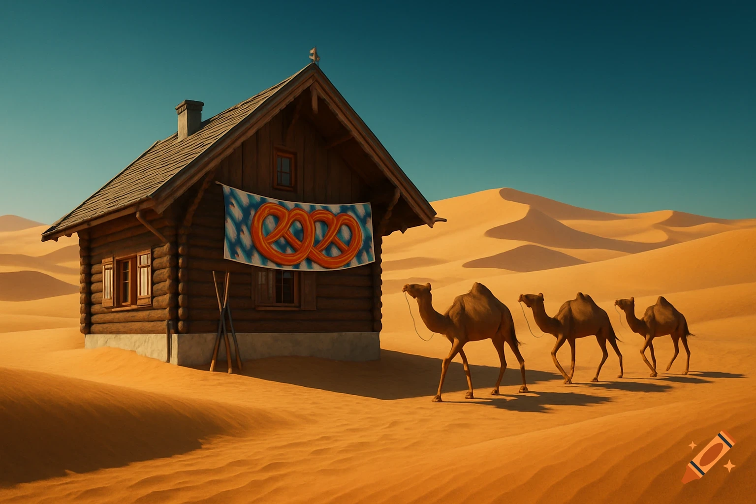 A Bavarian ski hut with a pretzel banner stands in a vast sand desert as a caravan of three camels walks past.