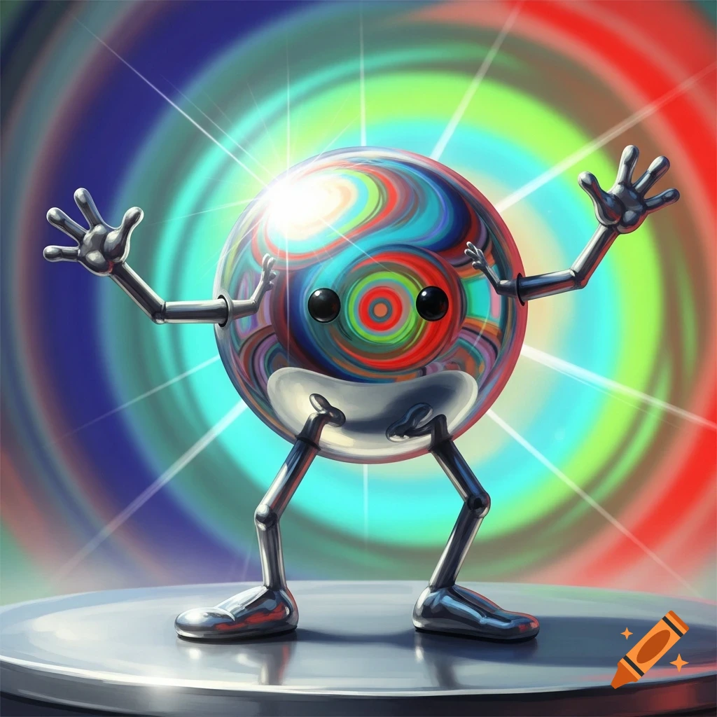 A shiny, colorful swirl-patterned ball character with metallic arms and legs stands on a disc, bathed in vibrant rainbow light.