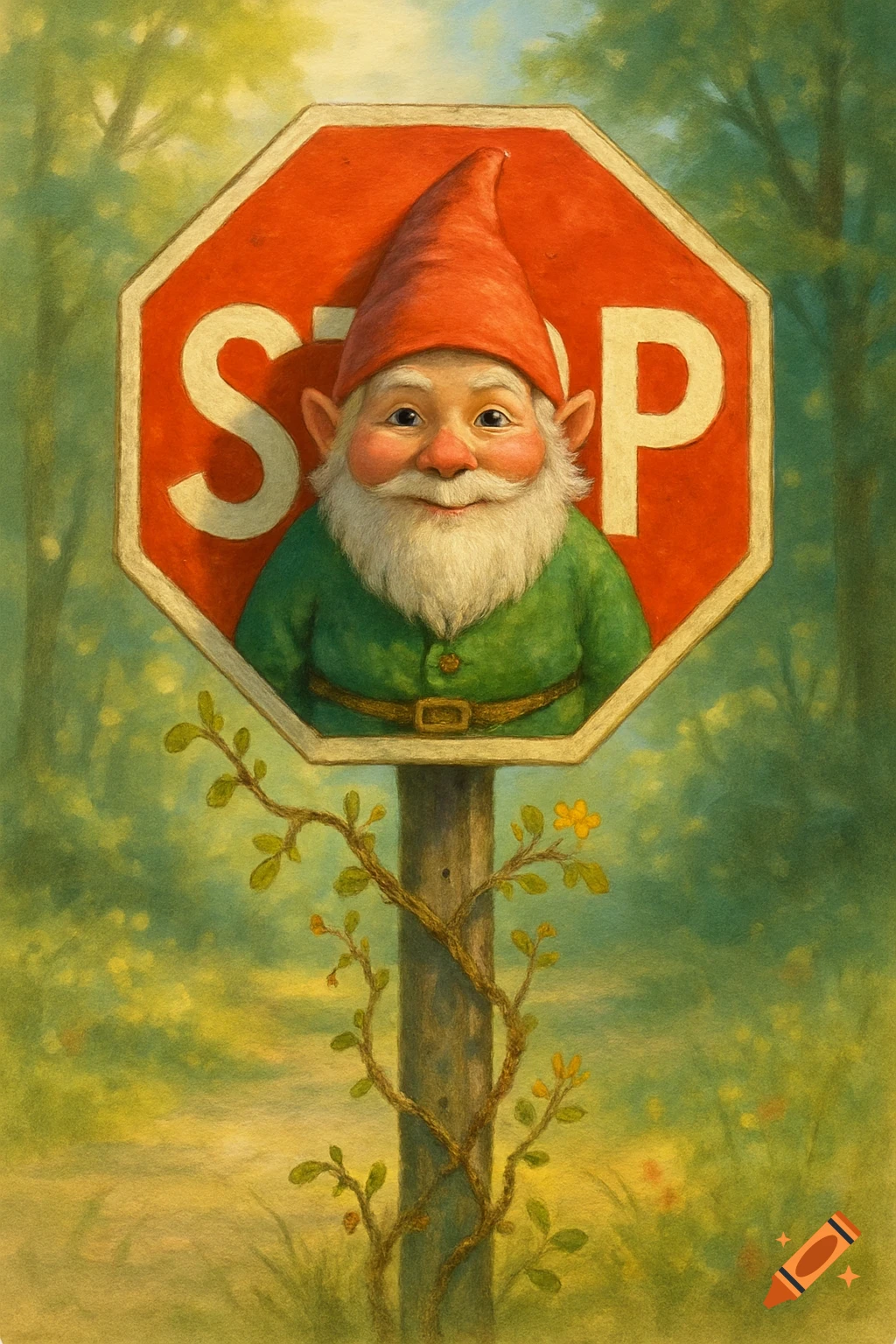 A friendly gnome with a white beard and red hat smiles from behind a red stop sign, its pole wrapped in a green vine, against a soft, painterly forest background.