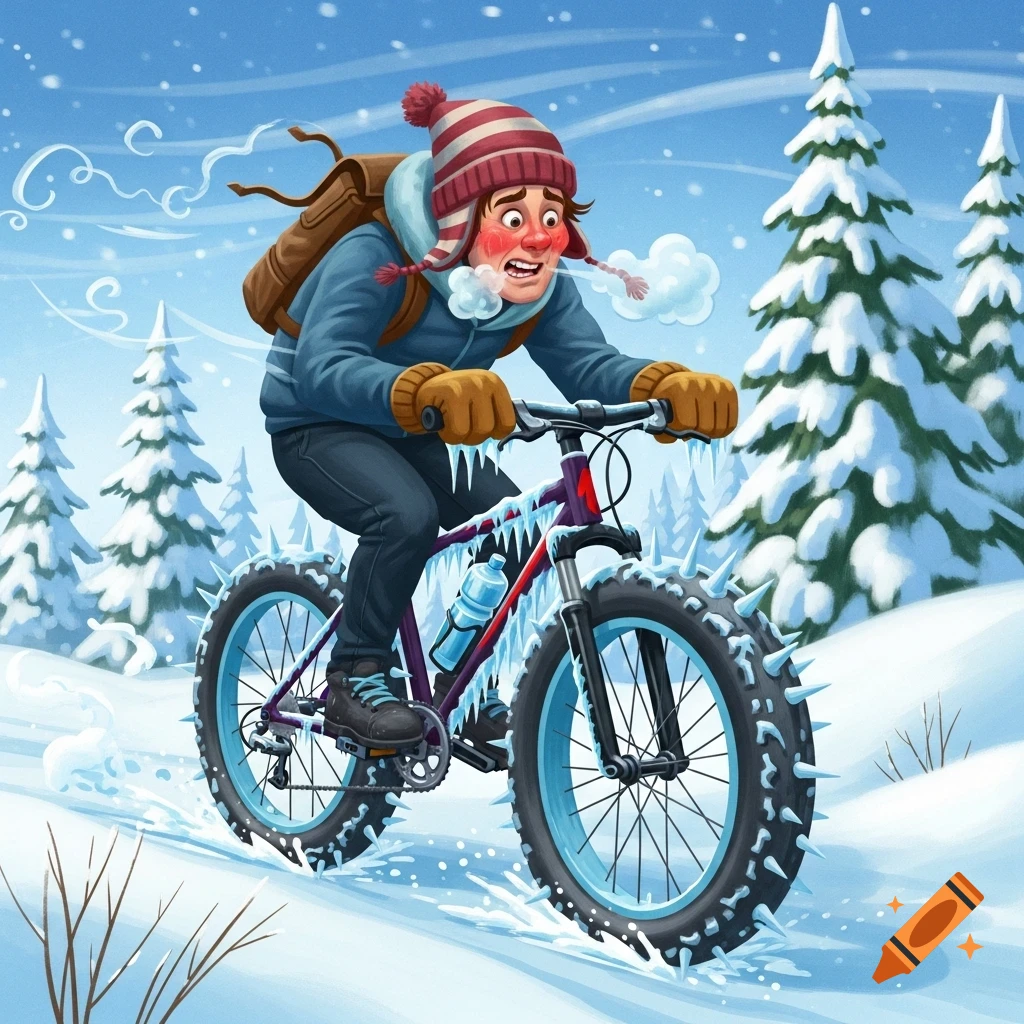 A man bundled in winter gear, with a red face and steam from his mouth, rides an icy fat-tire mountain bike through a snowy landscape with pine trees. Illustrated style.