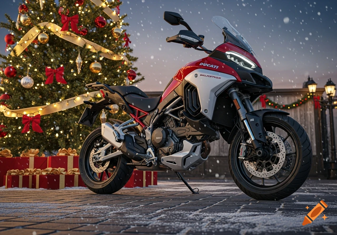 A red and white Ducati Multistrada motorcycle parked on a snowy cobblestone street in front of a decorated Christmas tree.
