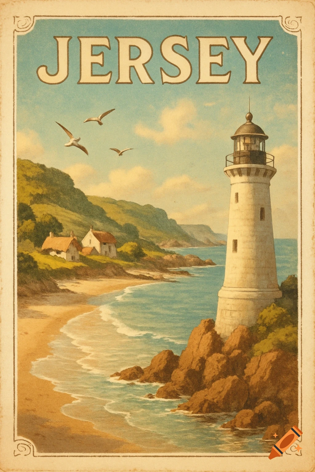 Vintage travel poster of a lighthouse on a rocky coast, overlooking a sandy beach with green hills. The word "JERSEY" is at the top.
