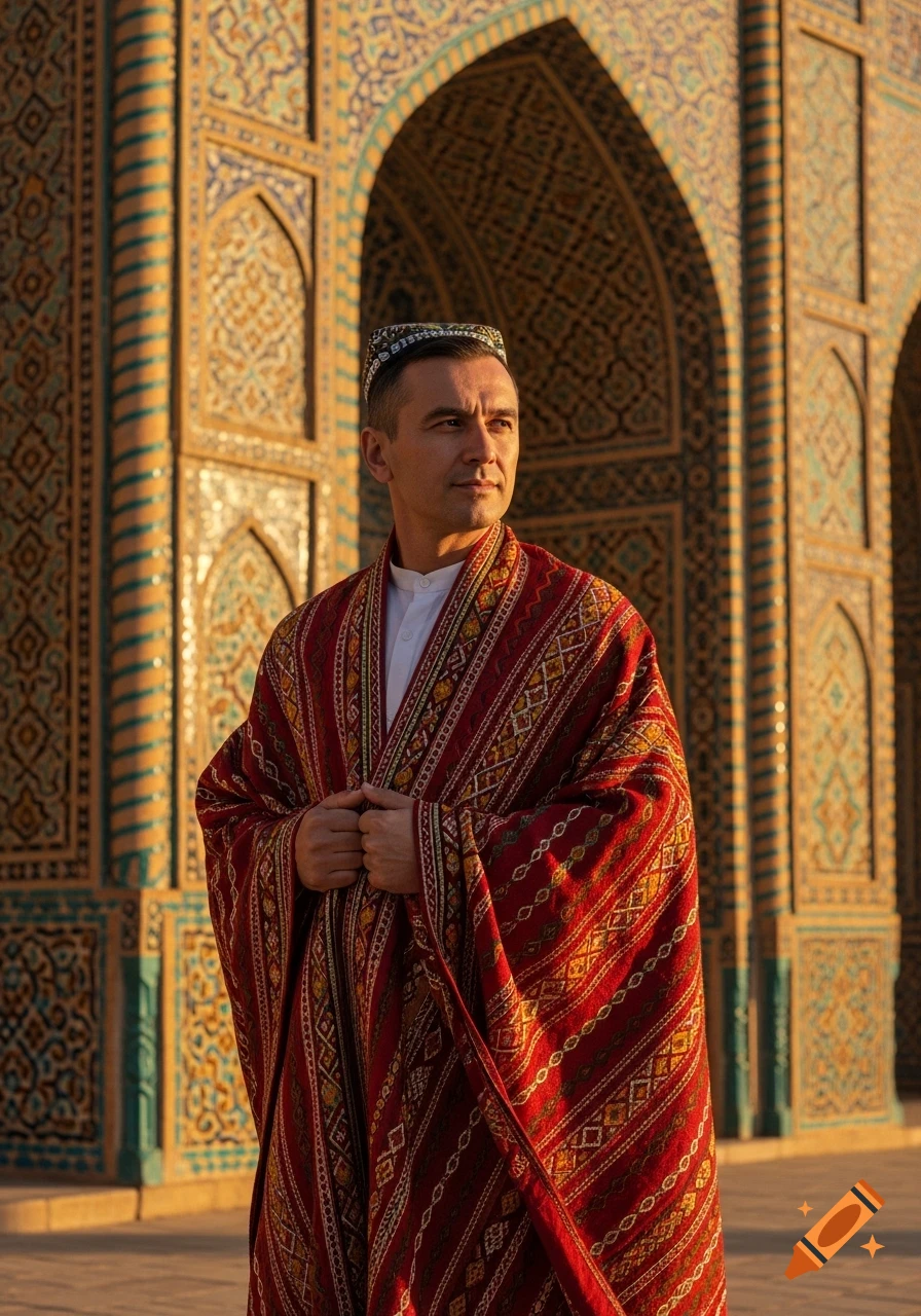 A man in a white shirt and a red patterned robe with a small cap stands before an ornate tiled archway.