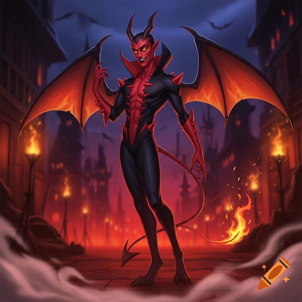 A cartoonish red-skinned male demon with horns and bat wings, wearing a black and red suit, stands in a fiery, dark city street.