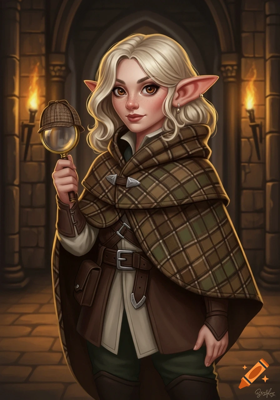 A dnd style character portrait of a friendly female halfling rogue with sandy hair and elf ears, holding a magnifying glass in a stone dungeon.