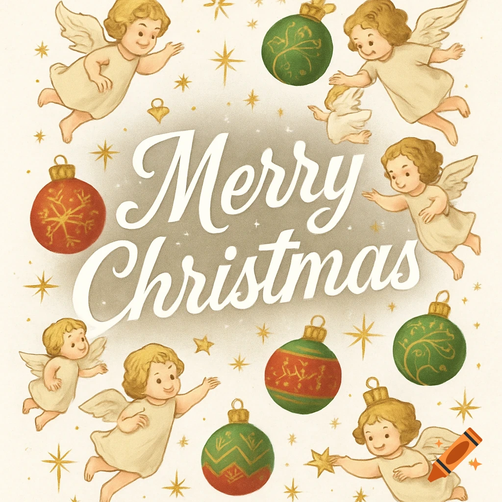 An illustration with "Merry Christmas" in white text, surrounded by cherubic angels, red and green Christmas ornaments, and golden stars.