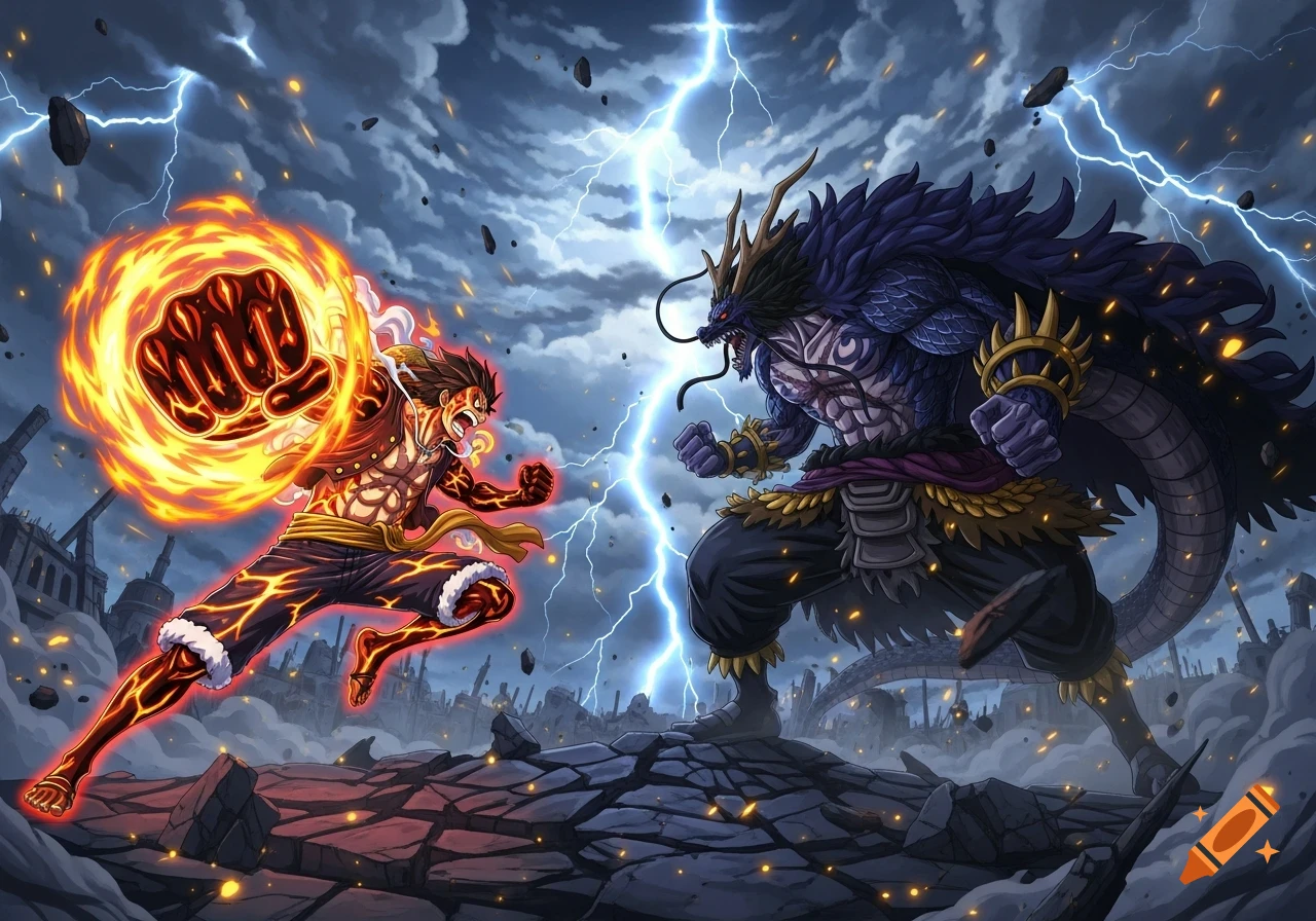 Anime illustration of Luffy, wreathed in fire, launching a punch at the dragon-like Kaido amidst a stormy, lightning-filled sky.