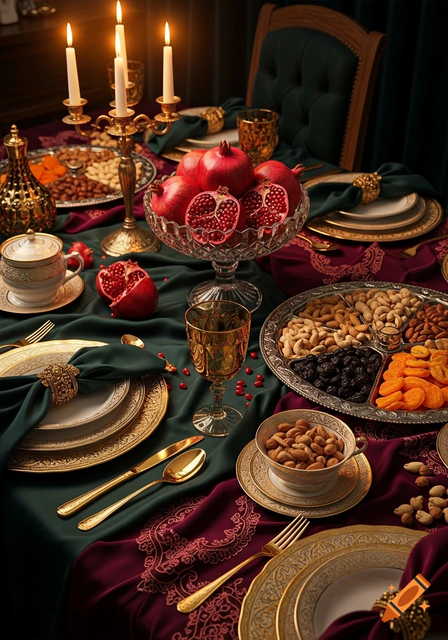 An elegant Yalda table setting with pomegranates, nuts, dried fruits, golden cutlery, and lit candles, all on a dark green and maroon tablecloth.
