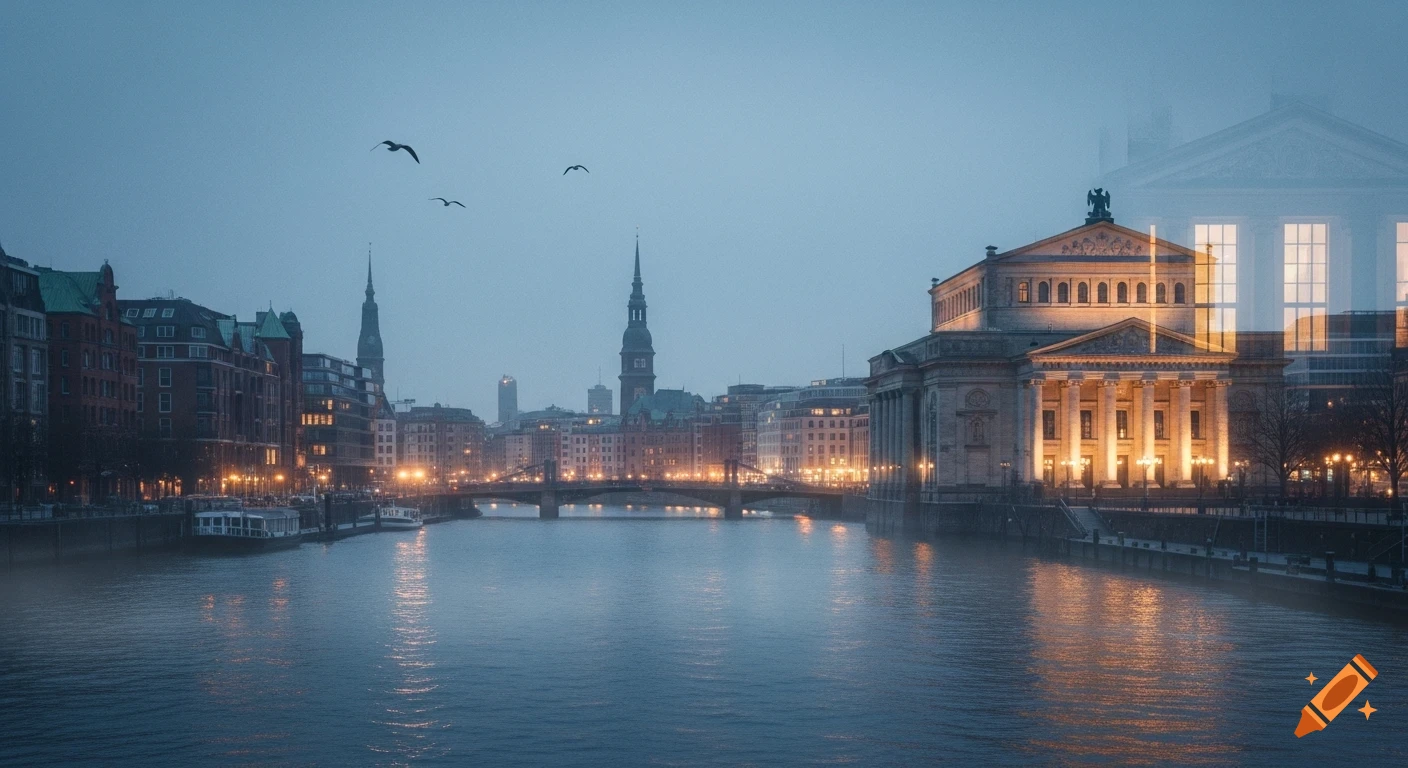 Moody cityscape at dusk with a river, illuminated buildings, distant church spires, flying birds, and a faint classical theater overlay.