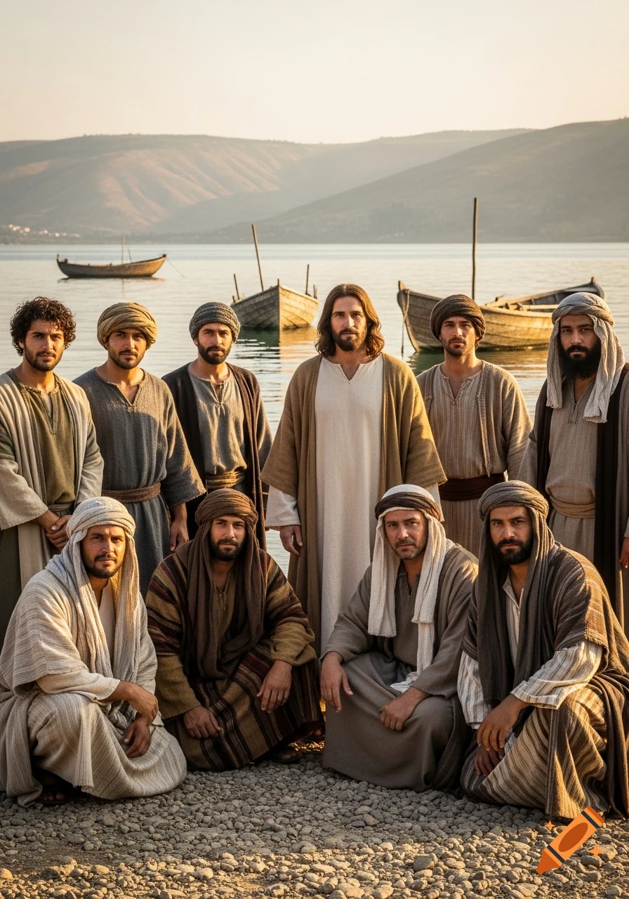 Photorealistic image of Jesus standing with his disciples on a stony shore of a lake with boats and hills in the distance.