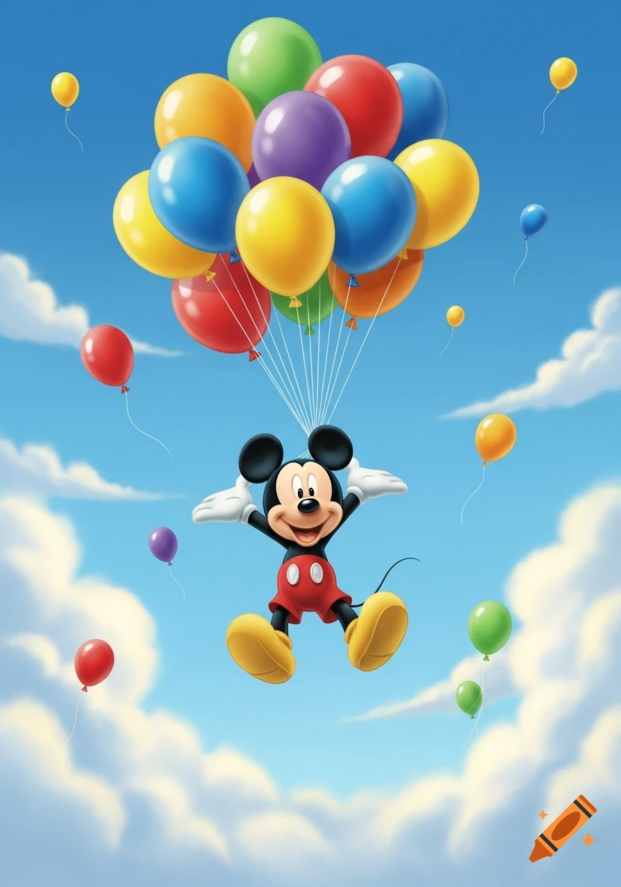 Mickey Mouse smiles joyfully while floating high in a blue sky, holding onto a vibrant cluster of balloons.