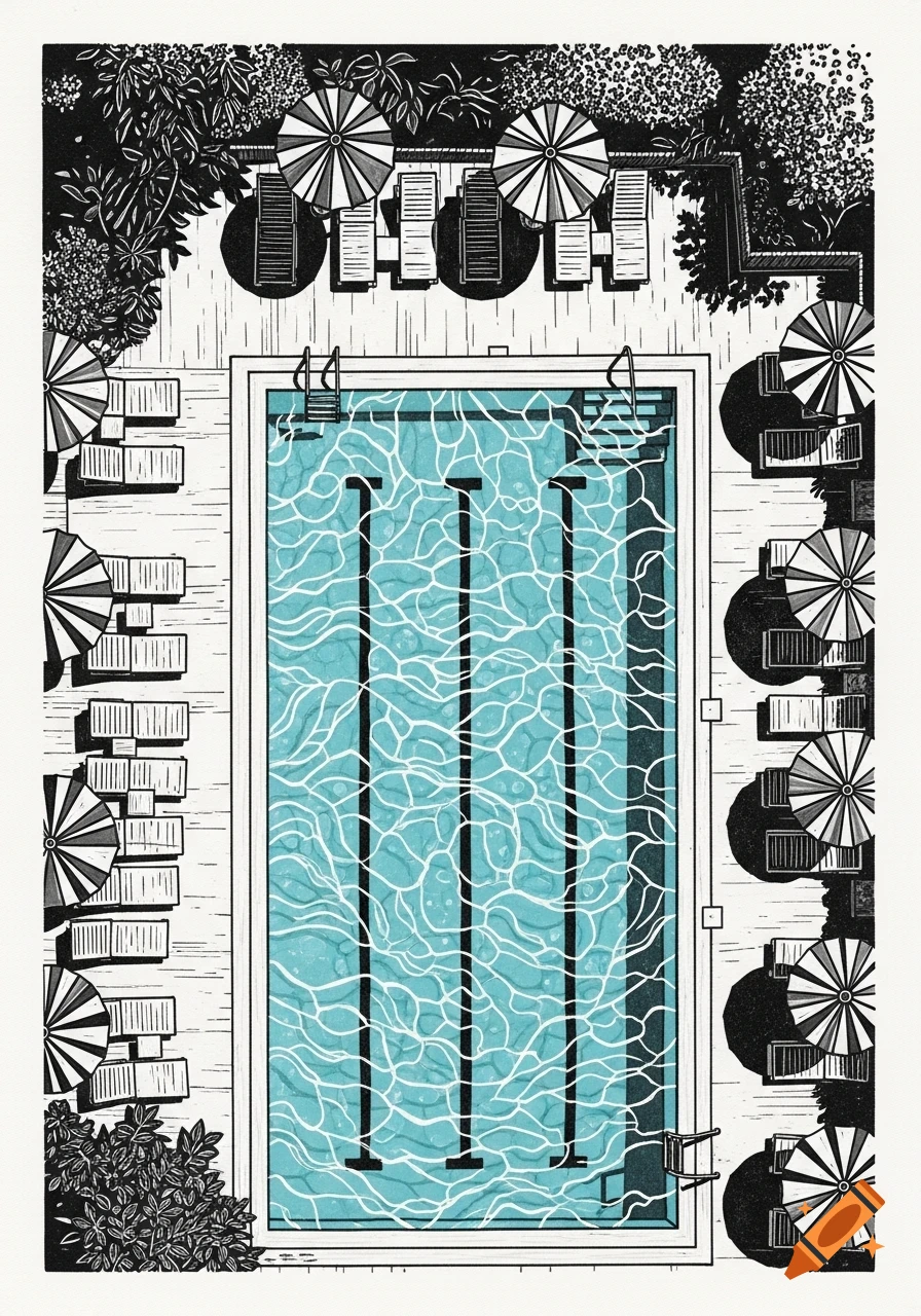 An overhead linocut illustration of a rectangular swimming pool with lane lines and rippling turquoise water, surrounded by lounge chairs, umbrellas, and lush foliage.