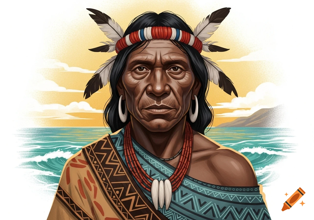 Stylized illustration of an indigenous man with long dark hair, a feather headband, and a shell necklace, against a backdrop of the sea and a yellow sky.