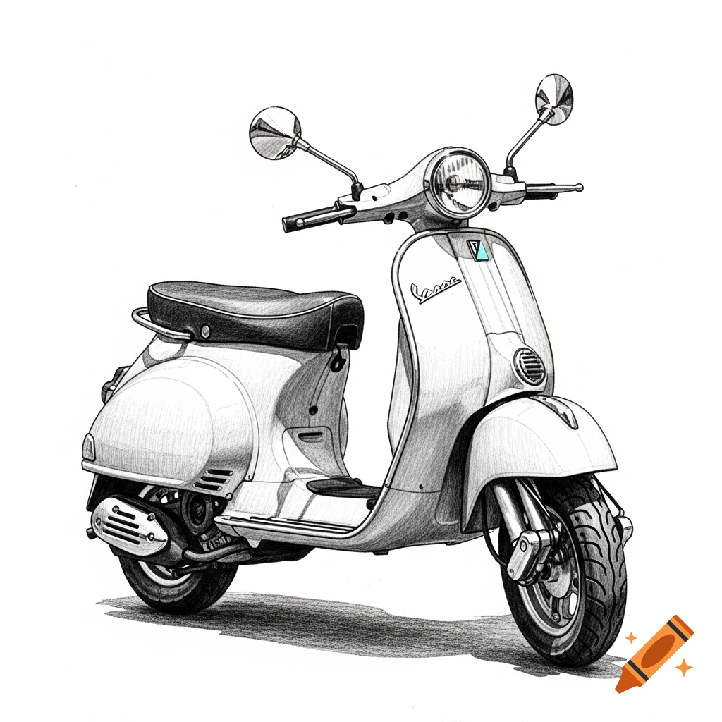 Black and white pencil sketch of a classic scooter with a dark seat, facing forward at an angle on a white background.