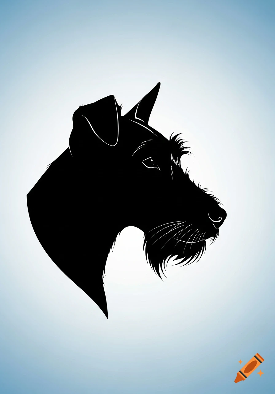 Black silhouette profile of a terrier dog's head against a light blue gradient background.
