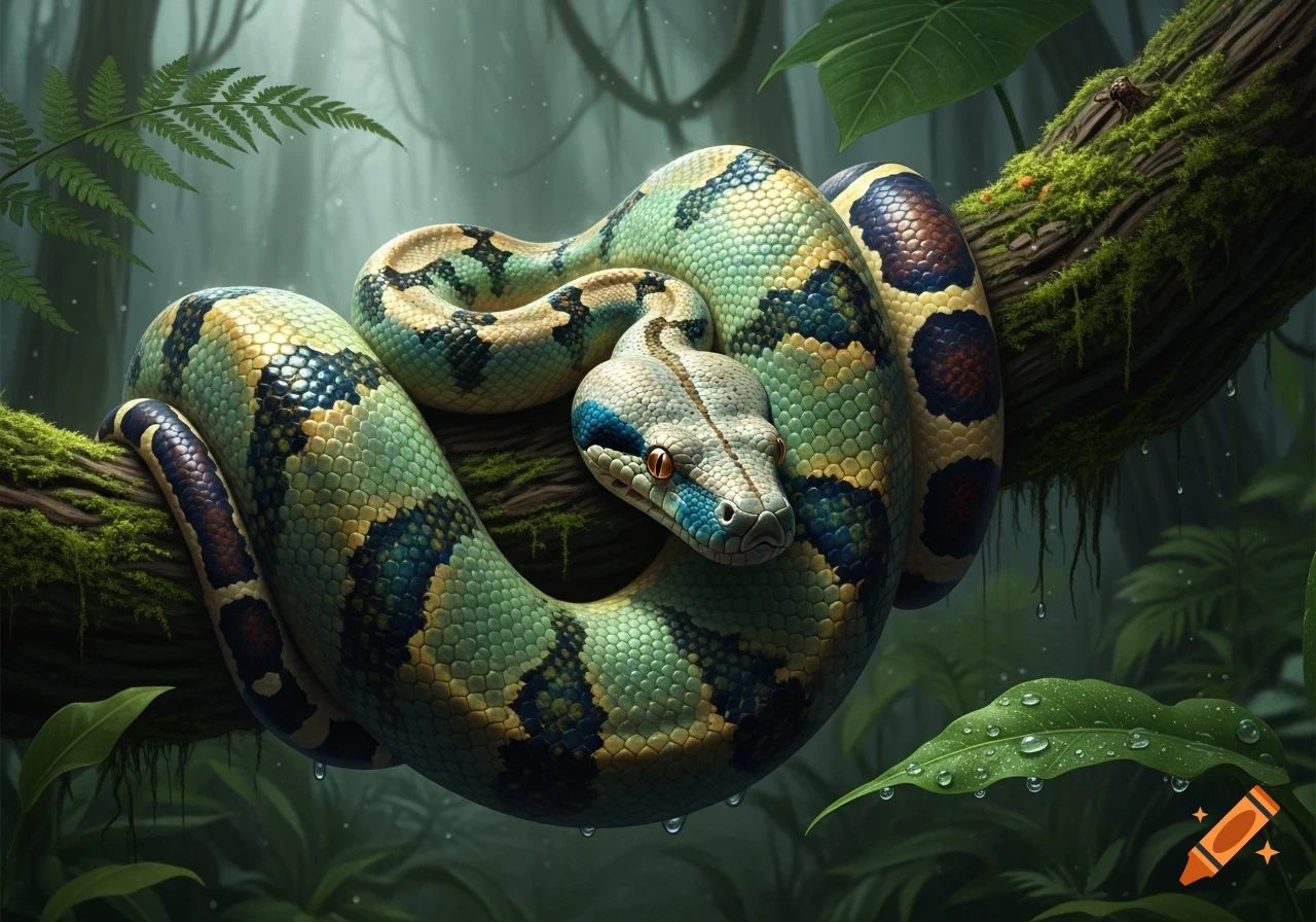 A vibrant green and yellow snake with blue markings coiled around a mossy tree branch in a lush, damp jungle.