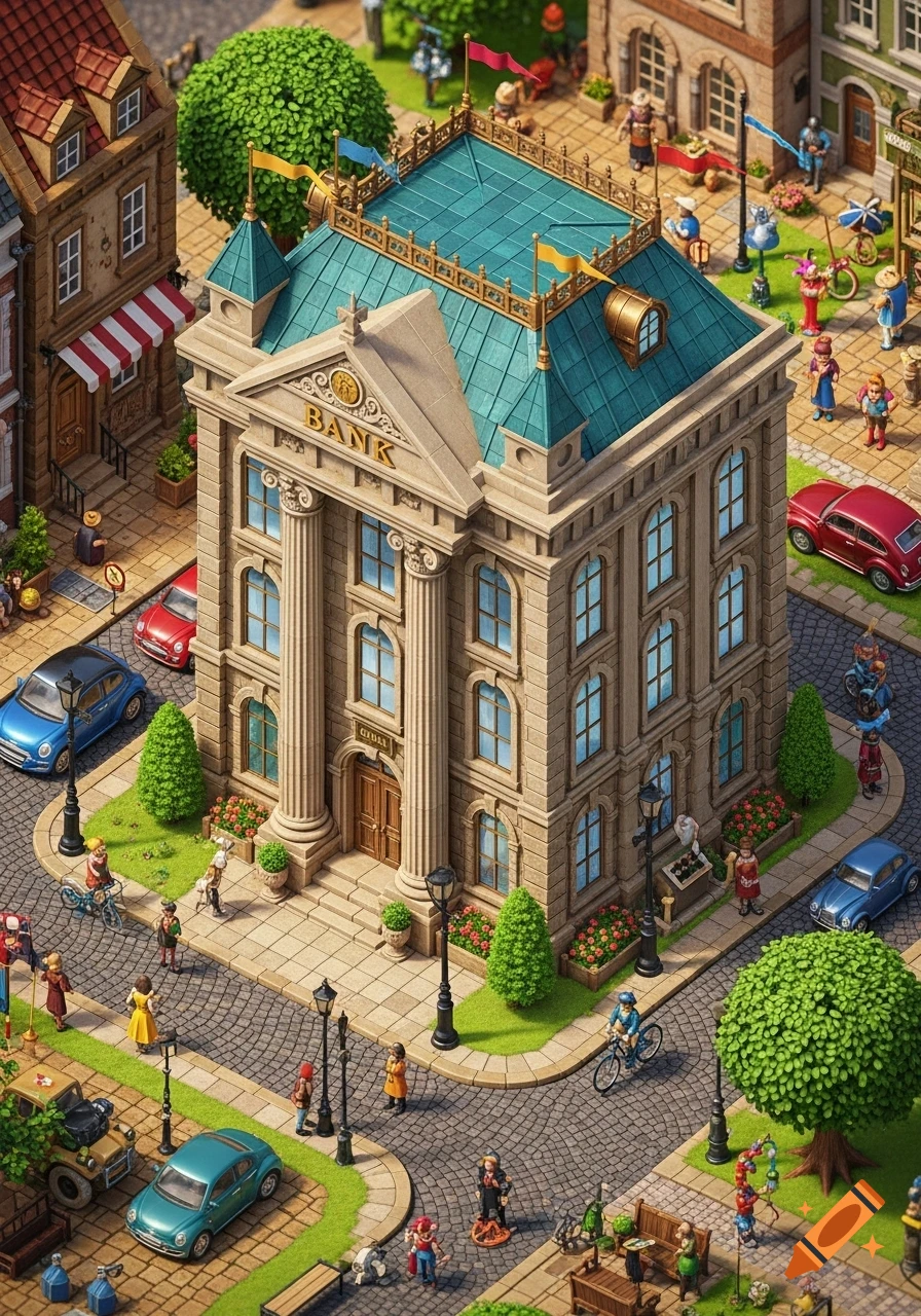Isometric view of a detailed miniature town with a large bank building, cars, and tiny people in a board game style.