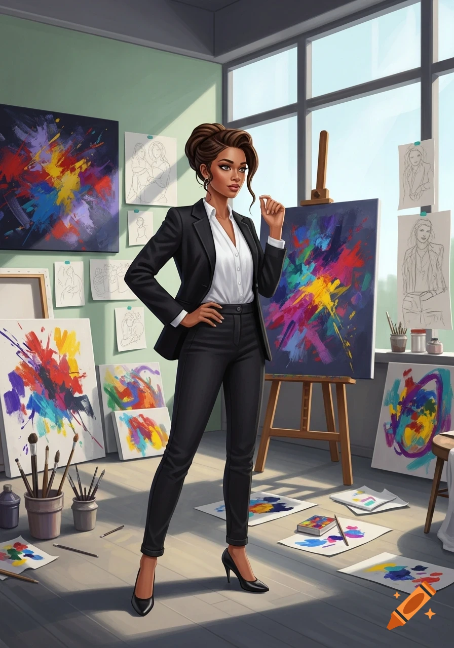A stylish woman in a black suit stands in an art studio with vibrant abstract paintings and sketches on the walls and floor.