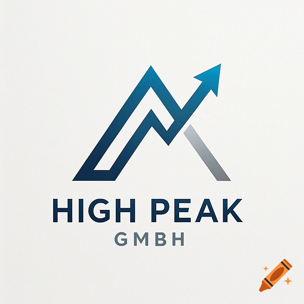 Modern blue and silver logo featuring a stylized mountain peak and an upward arrow, with the text HIGH PEAK GmbH below.