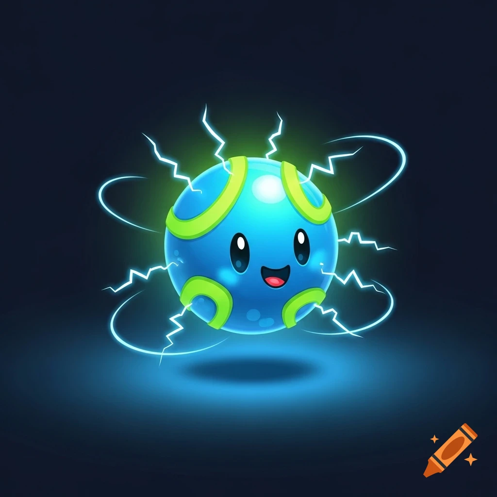 A cute, blue, spherical cartoon creature with green accents, smiling and surrounded by electrical sparks, glowing in the dark.