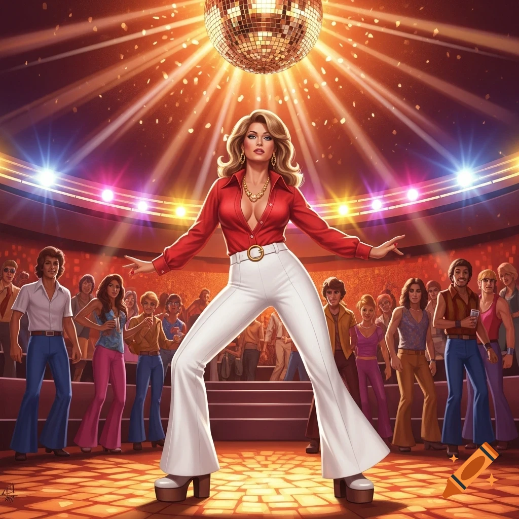 An illustration of a woman in a red shirt and white bell-bottoms dancing under a disco ball in a 70s club.