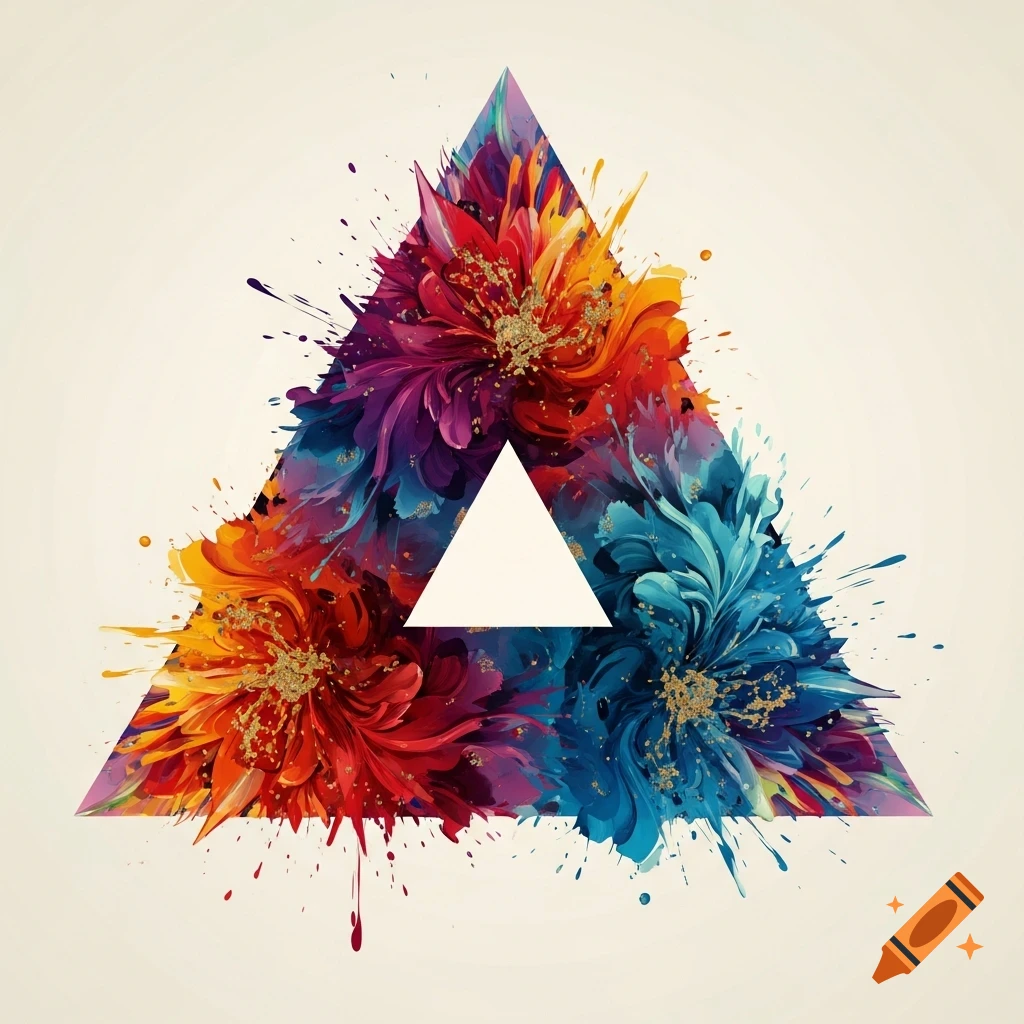 An abstract art piece depicting a triangle filled with vibrant, colorful floral patterns and paint splatters, accented with golden flecks.