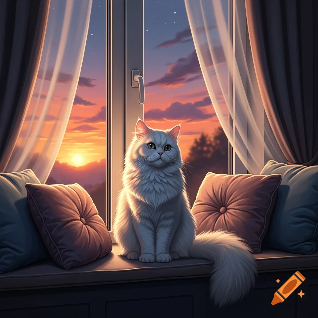 A fluffy white Persian cat with green eyes sits on a window sill with pillows, bathed in the warm glow of a beautiful sunset.