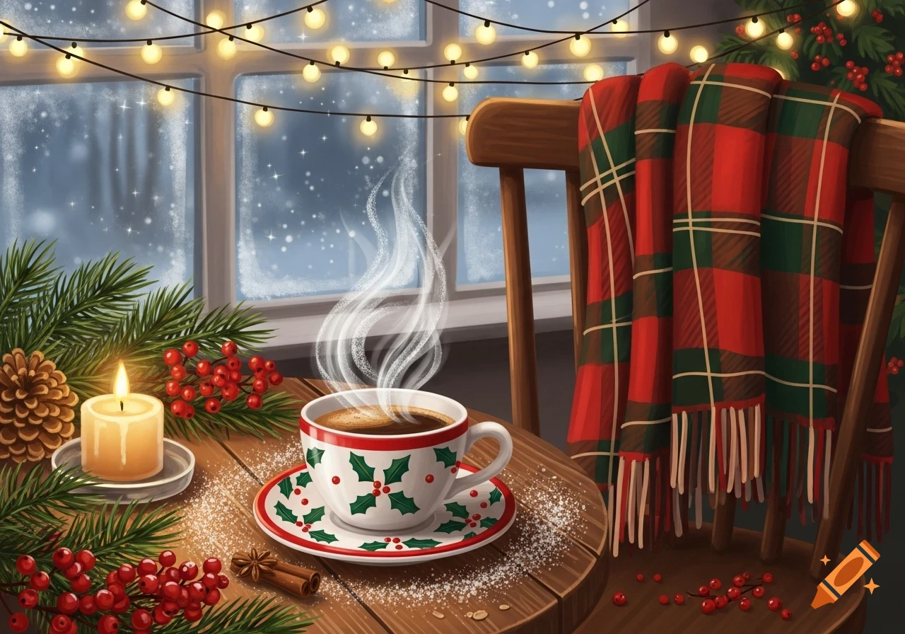 Steaming Christmas coffee on a wooden table with pine, berries, a lit candle, and a tartan blanket. Snowy window with string lights in the background.