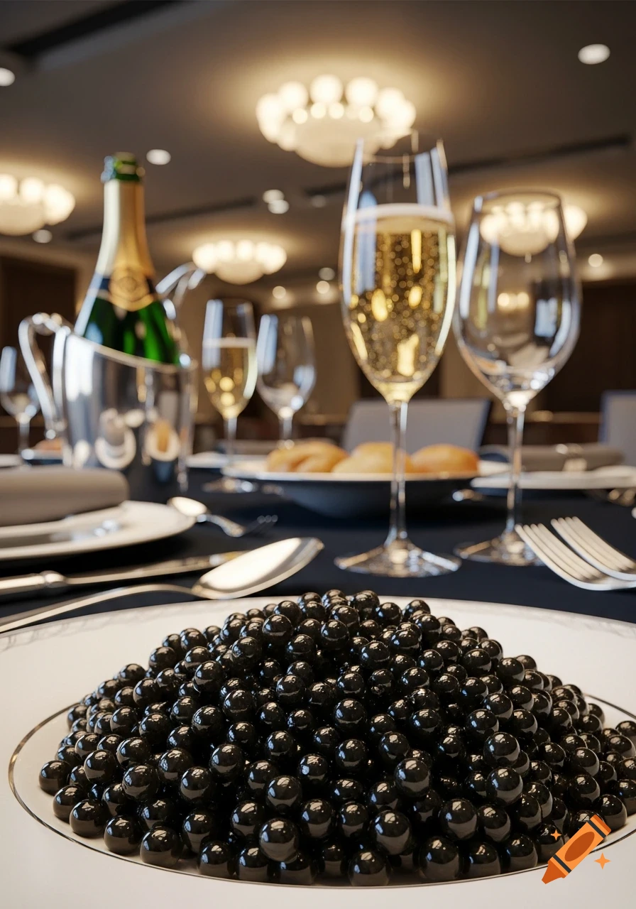 A close-up of black caviar on a white plate with gold trim, set on a table with blurred champagne glasses and a bottle in a formal dining room.